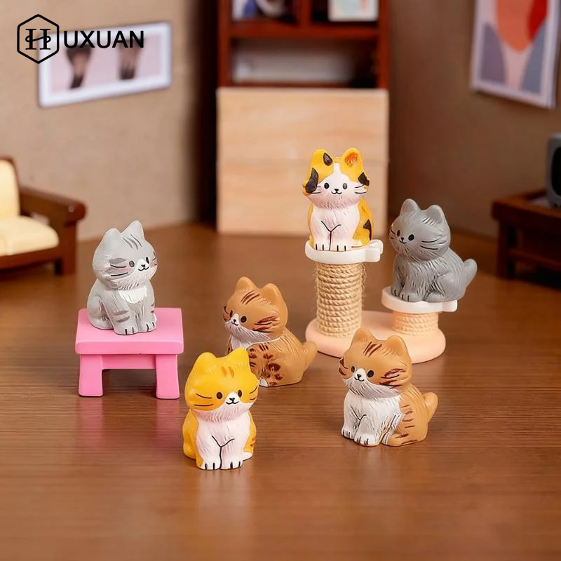 Cute Resin Mini Cats 6pcs Figurines Hand Painted Kitten Models for Indoor and Outdoor Decor