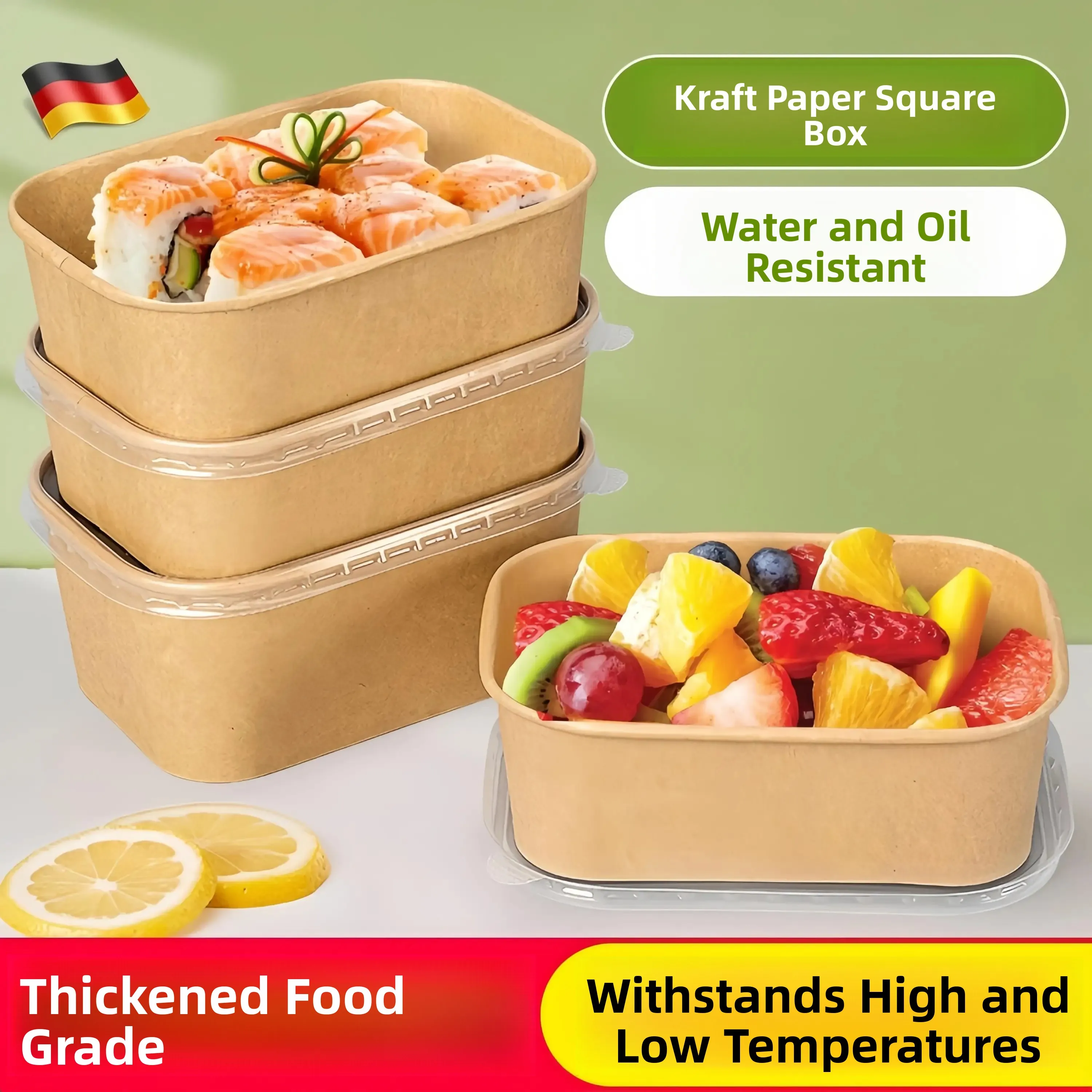 Food Grade Square Kraft Paper Packing Box Lunch Box Rice Bowl Fruit Light Food Bento Salad Box Disposable Bowl Rectangular Shape