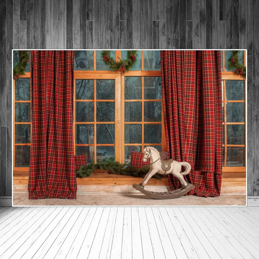 Christmas Garland Curtain Window Horse Interior Photography Backgrounds Custom Baby Party Decoration Photo Booth Backdrops Props