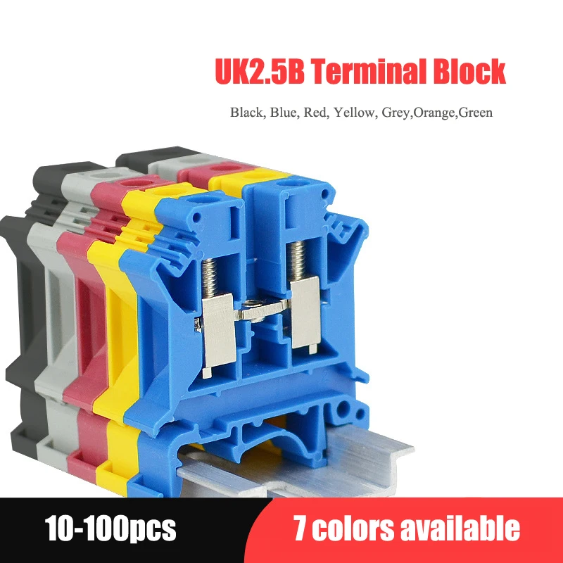 10/100pcs 7 Colors DIN Rail UK2.5B Terminal Block Clamp Connector 800V 32A UK-2.5N 2.5mm Square Universal Screw Connectors