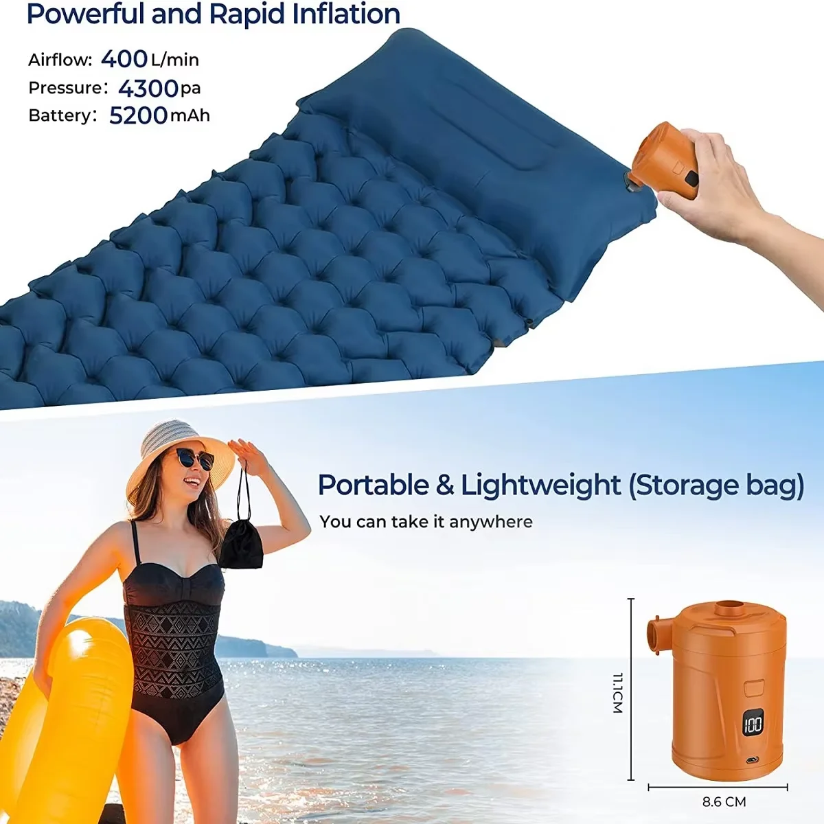 Small portable electric air pump inflator Battery rechargeable air compressor for PVC boat mat inflatable pool raft inflatable b