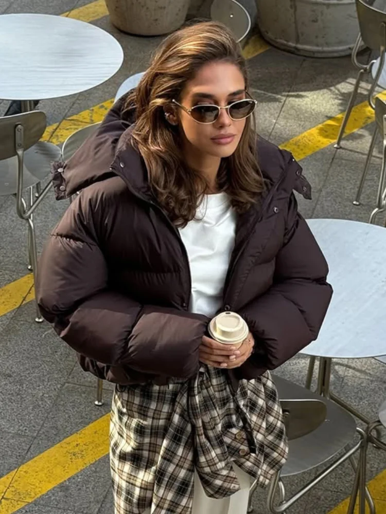 Lady Cropped Hooded Puffer Jackets Oversize Long Sleeve Zipper Loose Fit Solid Warm Thick Female 2026 Winter Outerwear Coat