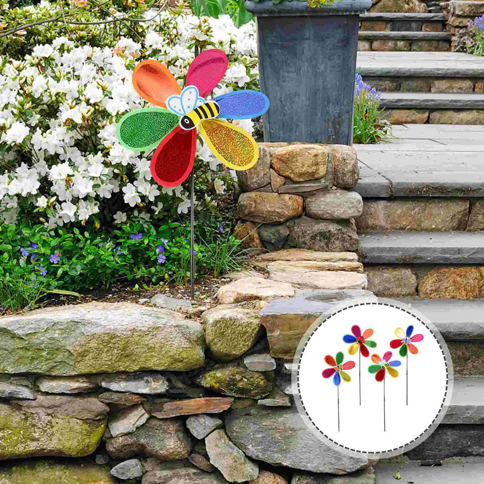 4 Pcs Garden Decorative Stakes Lightbulb Windmills Solar Umbrella with Lights Outdoor Pinwheel Colorful Lawn Insect