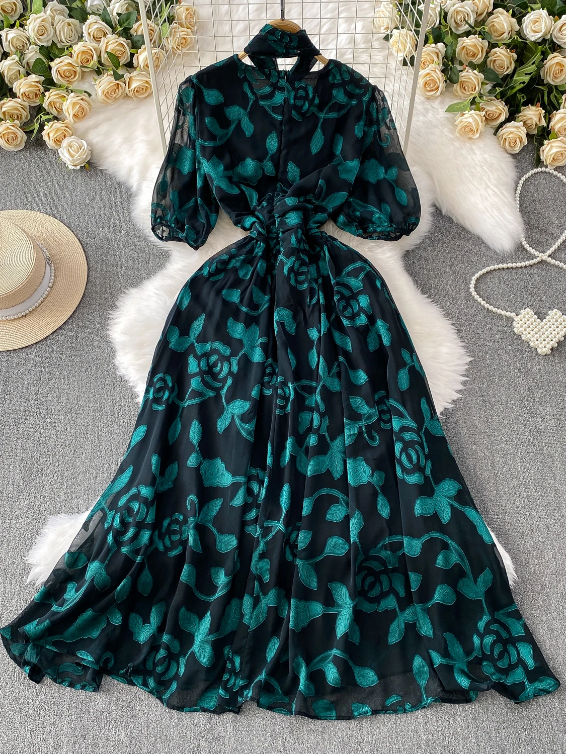 Estate New Sle Donna Stampata V-ne Bubble Sve Dr Cintura Dimagrante Lunga A-line Versione coreana Pendolarismo Bubble Dr