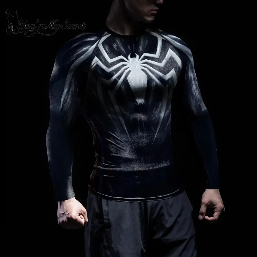 Super hero Mens Compression T-Shirt Long Sleeve Spider Print Cosplay Costume Halloween Elastic Fitness Tops