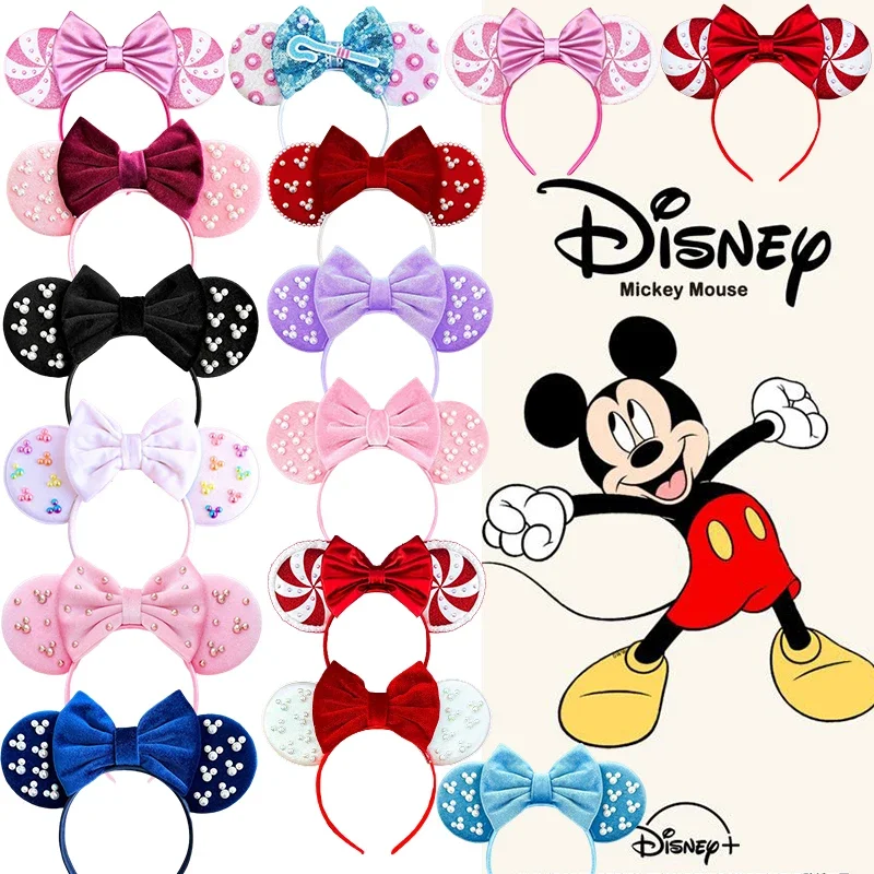 Disney Pearl Minnie Mouse Headbands For Women Party Mickey Hair Accessories Girls Bow Ears Hairbands Kids Pixar Anime Headwear