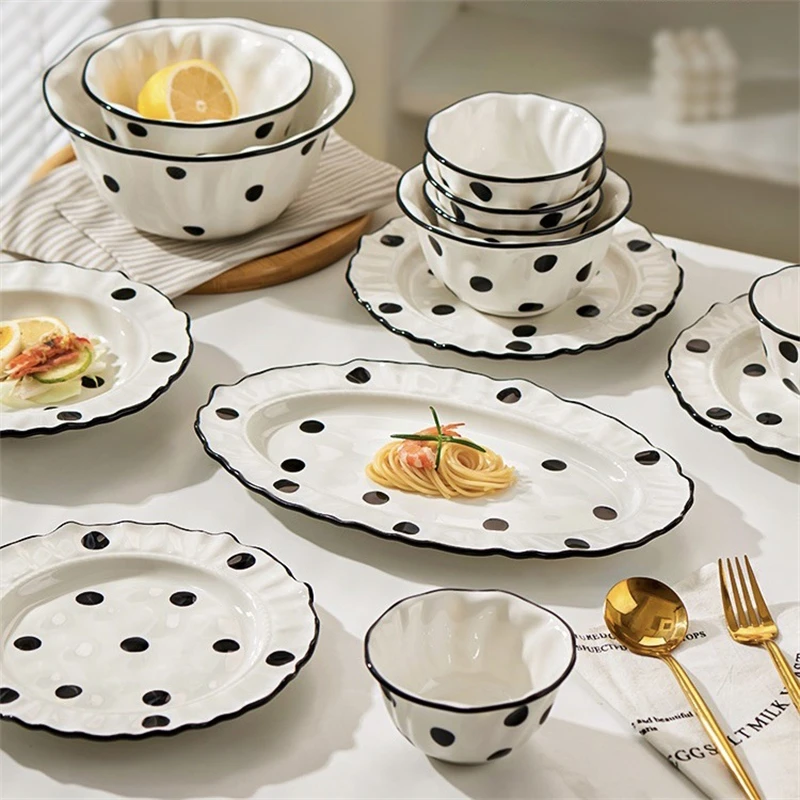 Large Fish Tray, Flower Shape Plate for Food, Polka Dot Pattern, Household Kitchen Ceramic Dinnerware, Bowl Dishes Set