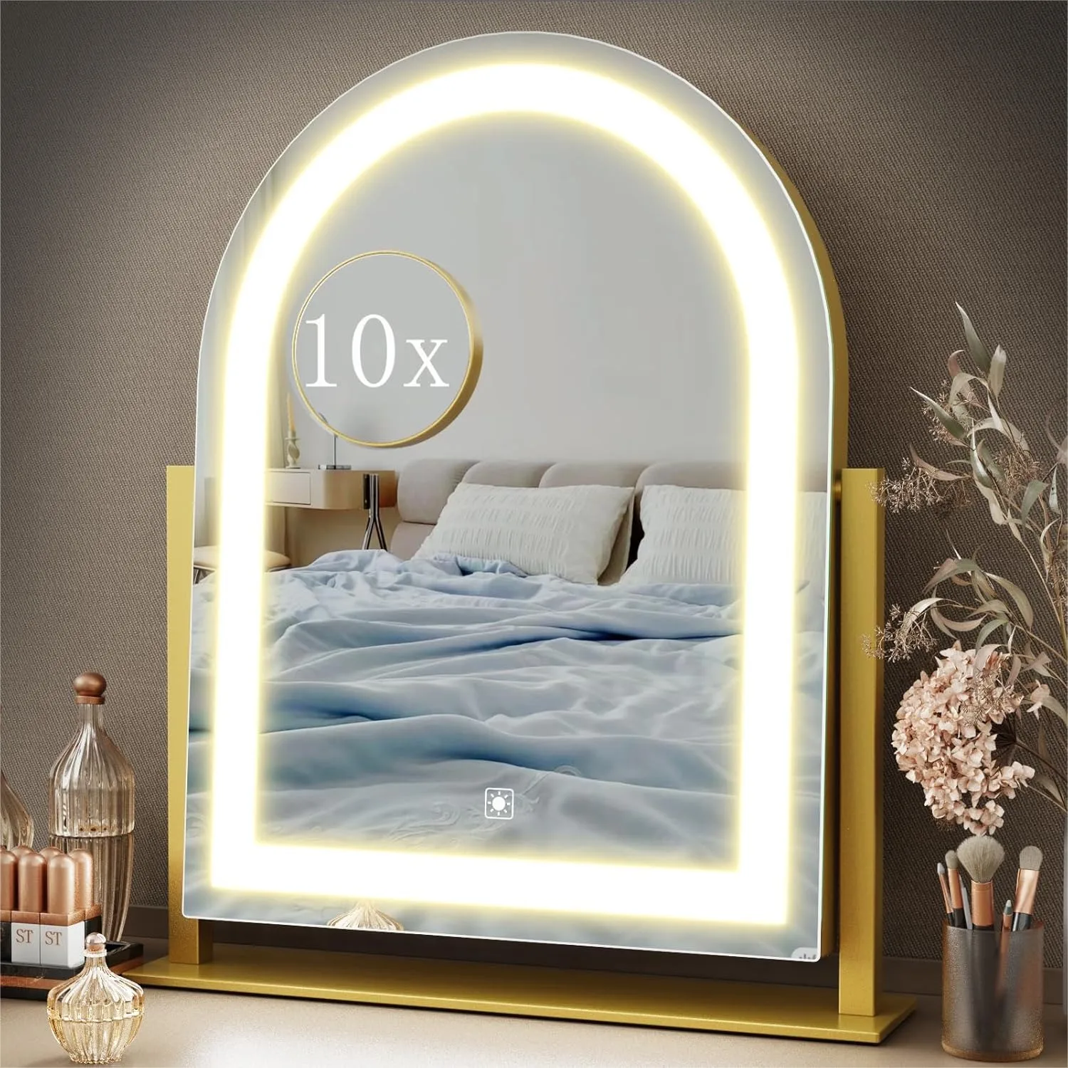 

Зеркало для макияжа с подсветкой, 15,2-дюймовое LED-зеркало с 10-кратным увеличением, съемное, сенсорное управление, 3 цветовых режима, поворот на 360° °