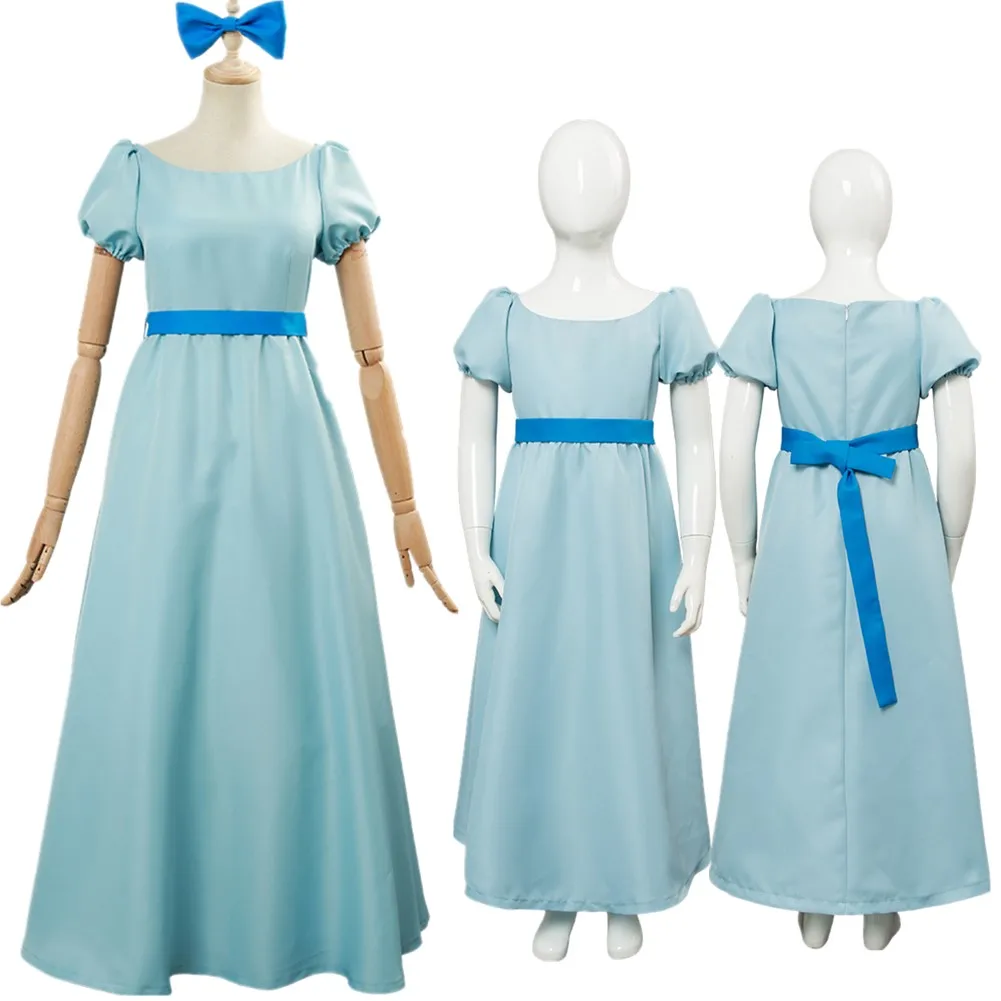 

Adult Kids Peter Wendy Darling Cosplay Costume Movie Women Girls Blue Long Dress Halloween Carnival Roleplay Costume Suit