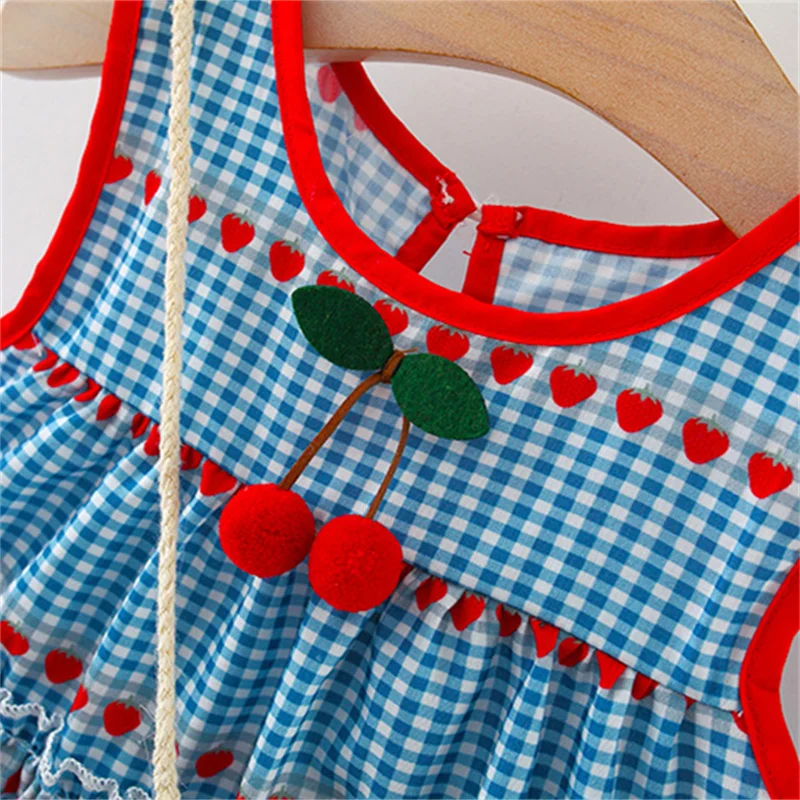 Baby Girl Dress Summer Checkered Love Print Dress Cherry Crossbody Bag Baby Girl Dress (0-4 Years Old)