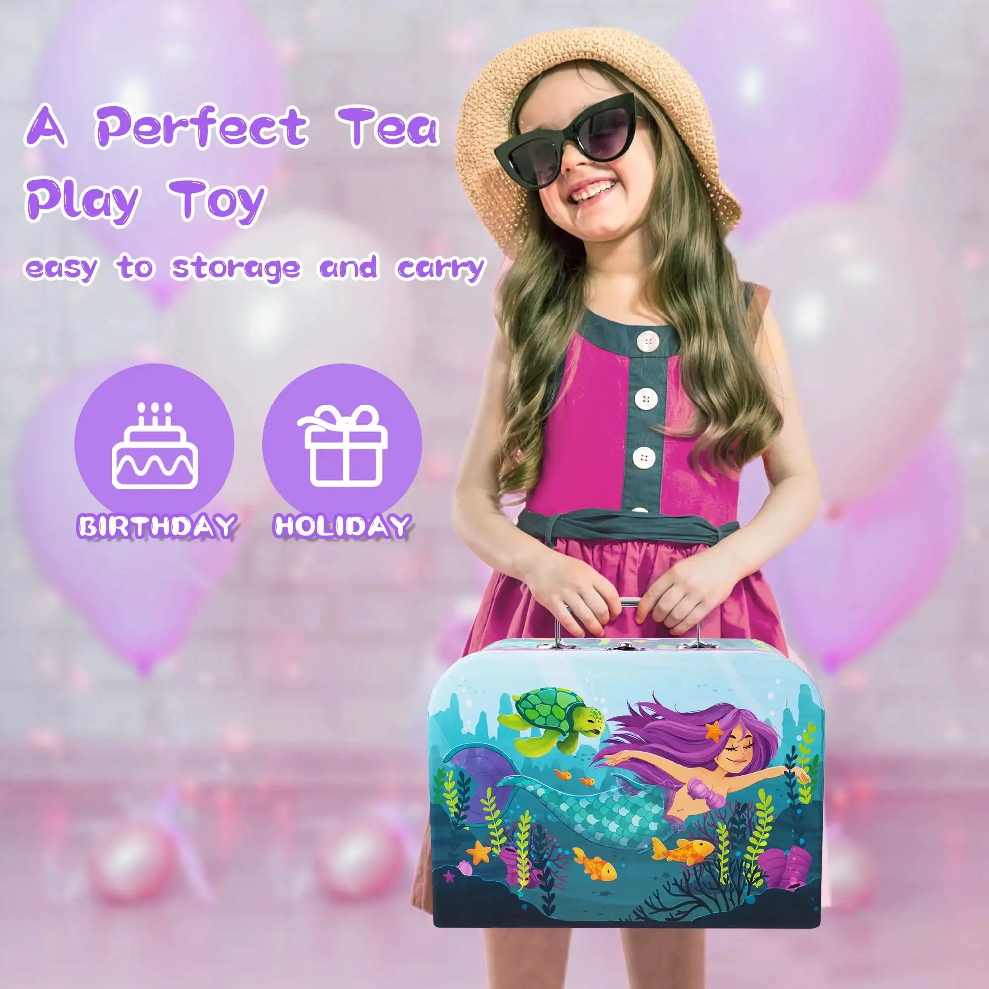 Joyfy Kinder-Teeset, Meerjungfrau-Teeparty-Set, Prinzessin, Rollenspiel, Blech-Teekannen-Set, Küchenspielzeug für Mädchen, Kleinkinder, 2, 3, 4, 5 und 6 Jahre alt