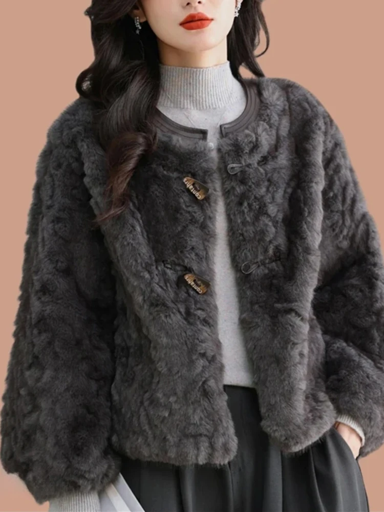

Женская зимняя куртка из овечьей шерсти с пуговицами из рога, корейский стиль, свободный крой, укороченная, теплая, хлопковая одежда