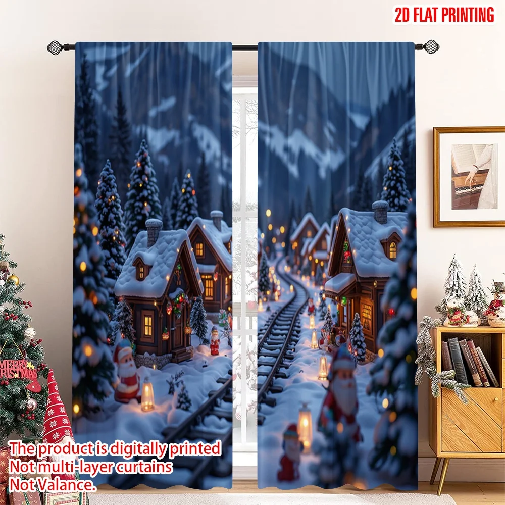 

2pcs 2D flat printing Merry Christmas Popular Party Window Curtains Christmas Village Snow Scene_b 100% Polyester Without