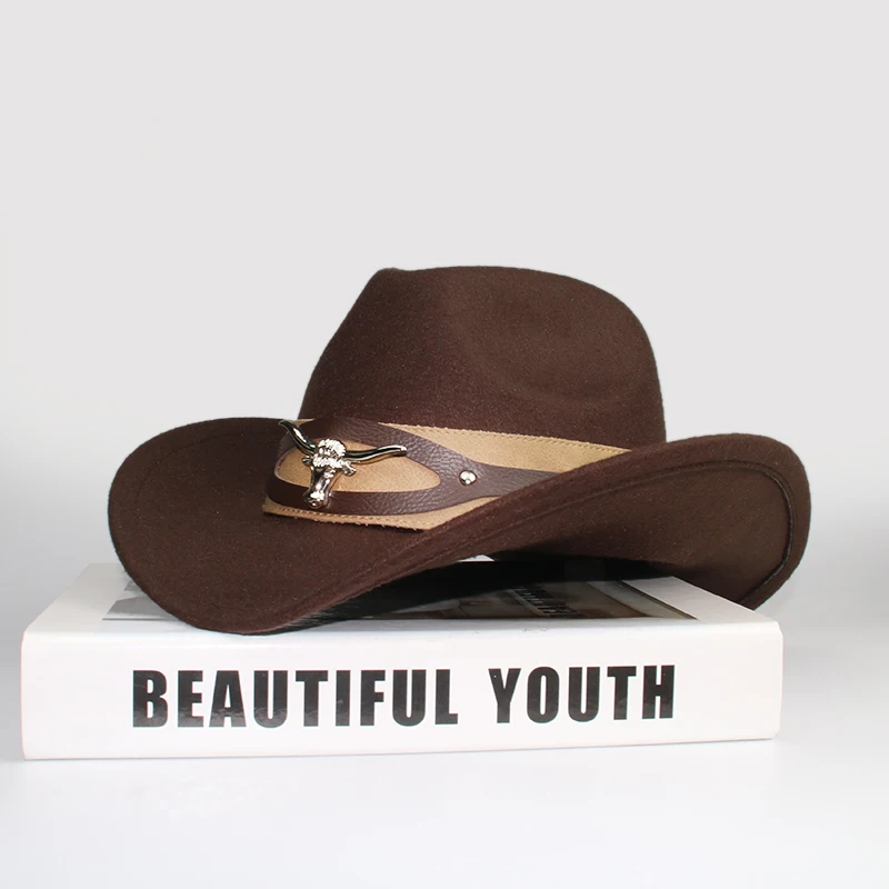 Retro Big Oxhead Leather Band Women Men /Kid Child Wool Wide Brim Cowboy Western Hat Cowgirl Bowler Cap  (54-57-61cm)