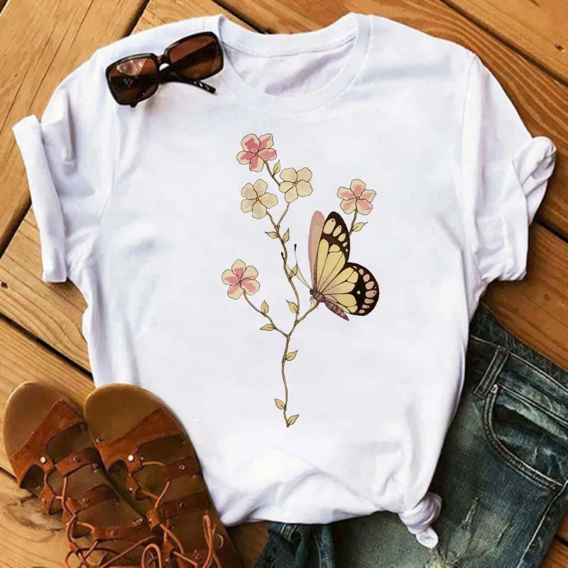 New Butterfly Kiss Flower  T Shirt Women Fashion T Shirt  Kawaii Cute  Tee Tops Women Casual Tshirt