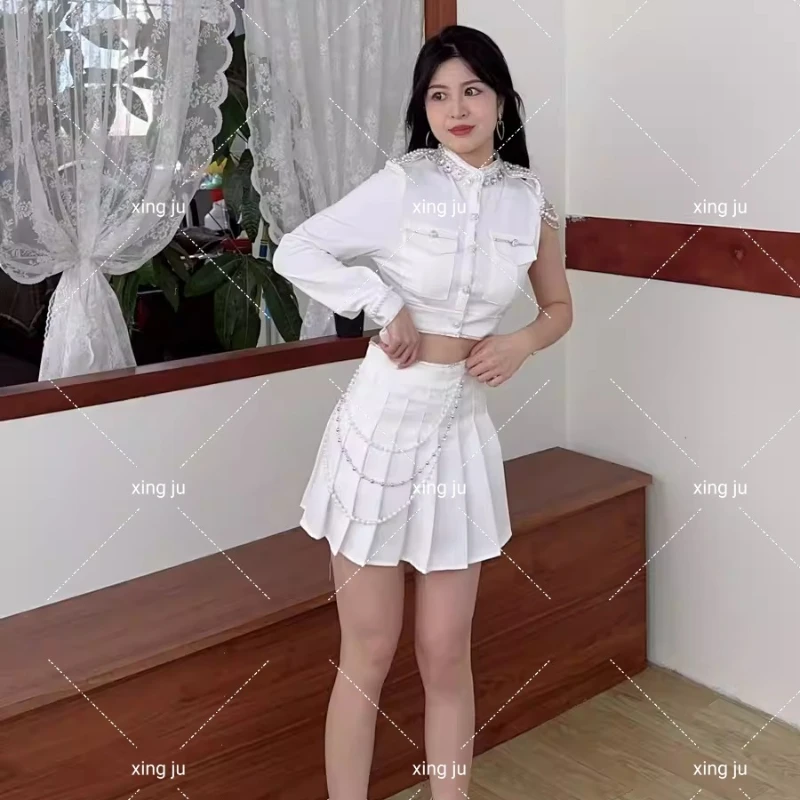 

Xing Ju Women Group White Short Jacket Slim Tops Irregular Skirt Girl Jazz Dance Costume Nightclub Dj Performance Female Outfits