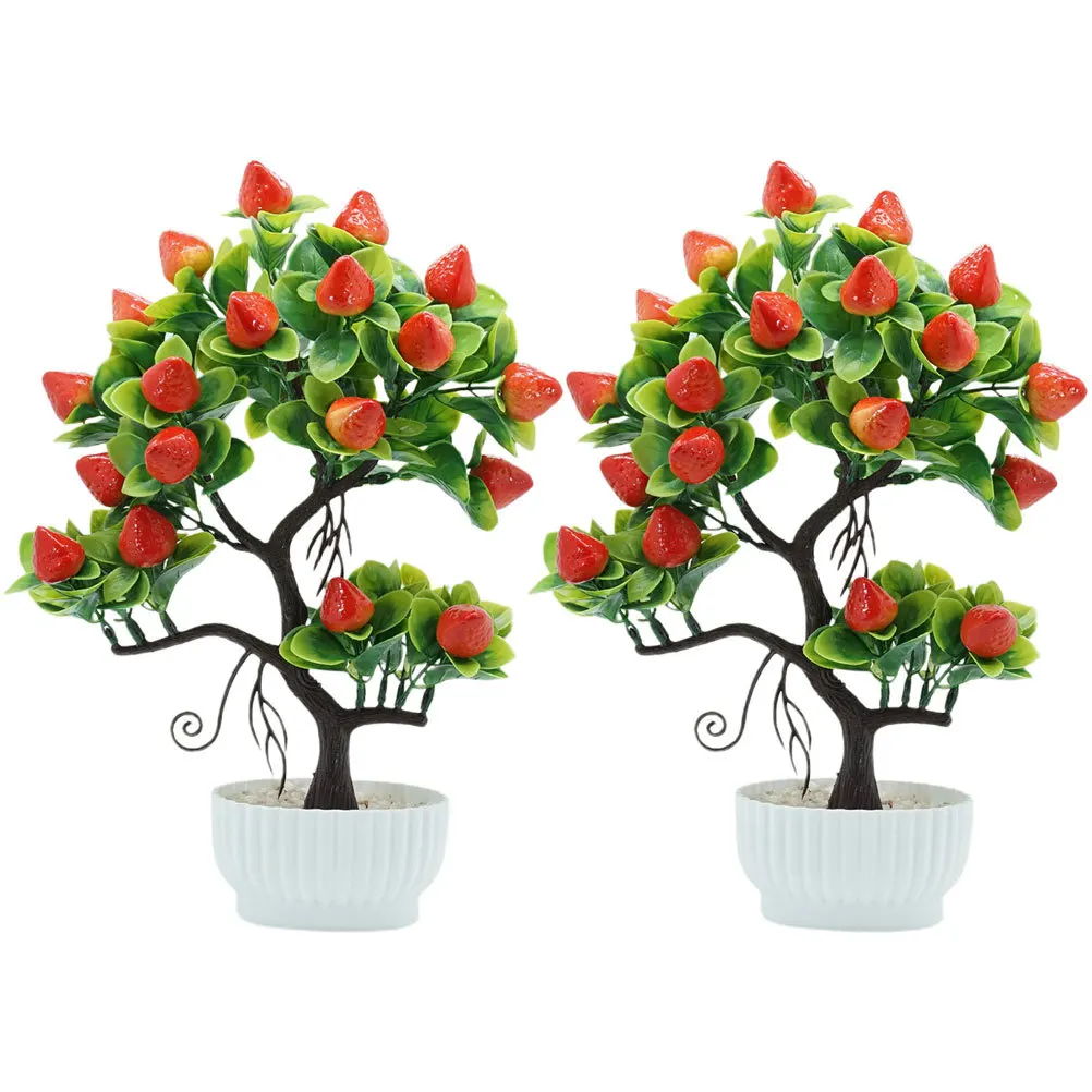 

2pcs Potted Artificial Strawberry Tree Bonsai Simulation Fruit Plant Decor For Home Office Indoor Desktop Faux Greenery Fake