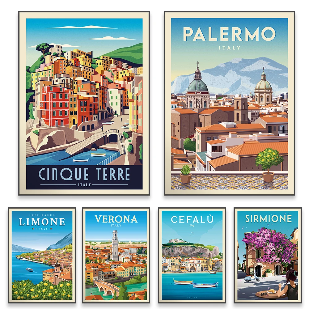 Palermo Sicily Italy Travel Poster Modern Verona Italy City Minimalist  Print Cityscape Cefalù Sicily Landscape Canvas Painti