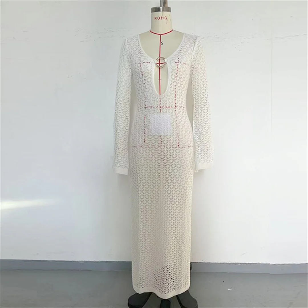 Ausgeschnittenes, langärmliges, hochgeschlitztes, gehäkeltes, gestricktes Tunika-Strandkleid, Strandkleid, Strandmode, Damen V8512 – Detail 24