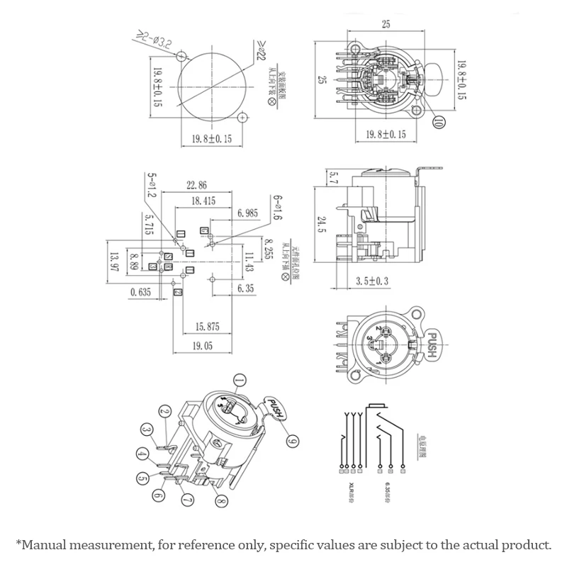 

1Pc Combo XLR 6.35mm Jack Connector,Panel Mount Chassis Connector for Microphone/MIC/Audio/Video System