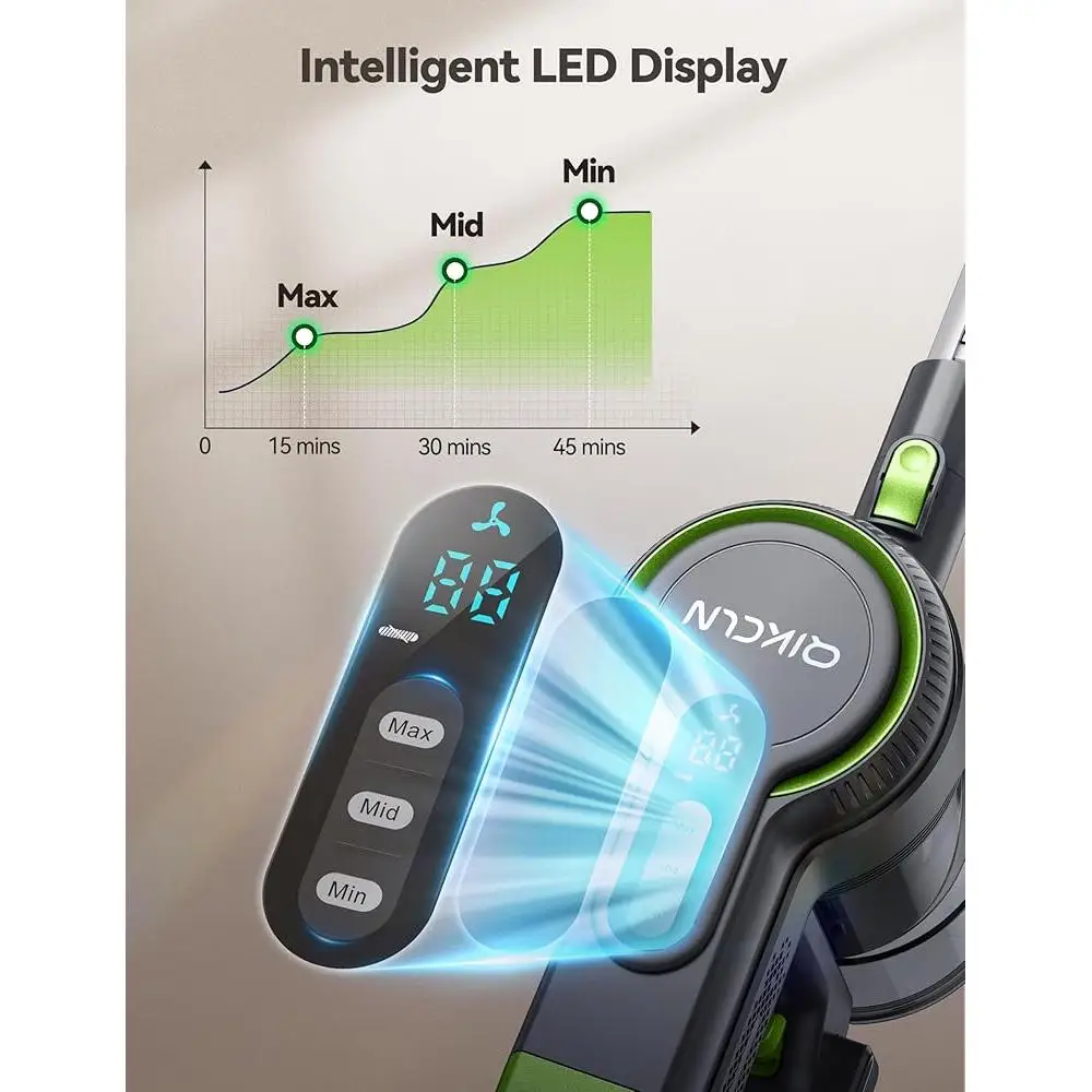 Cordless Vacuum Cleaner 23Kpa Powerful Suction 3 Modes 45min Runtime Lightweight Portable Stick Vacuum with LED Display HEPA