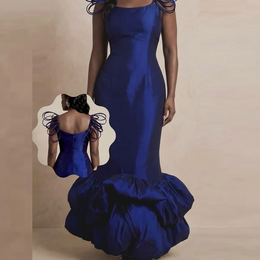 

Navy Blue Mermaid Evening Dress Square Neck Ruffle Hem Formal Gown with Decorative Shoulder Straps Prom Party Dress