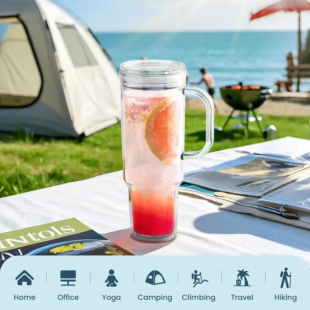 Vaso de plástico transparente de doble pared con asa, tapa de paja y juego de tazas de viaje reutilizables (paquete de 4)