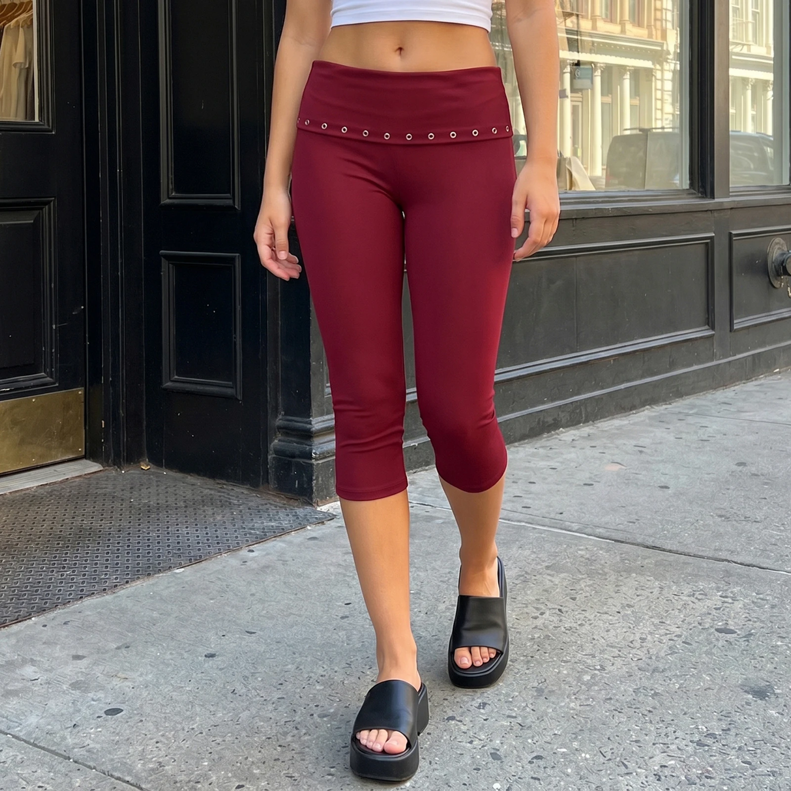 

Fold Over Low Waist Capri Leggings with Metal Eyelet Y2K Style Stretch Yoga Pants Cropped Pants for Women
