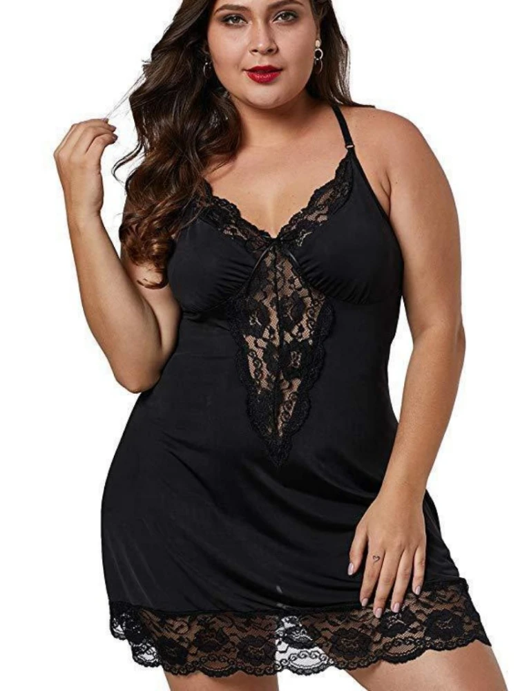 8XL Plus Size Lingerie Women Lace See Through Teddy Babydoll V Neck Sleeveless Nightdress Large Size Erotic Sleepwear Pajamas