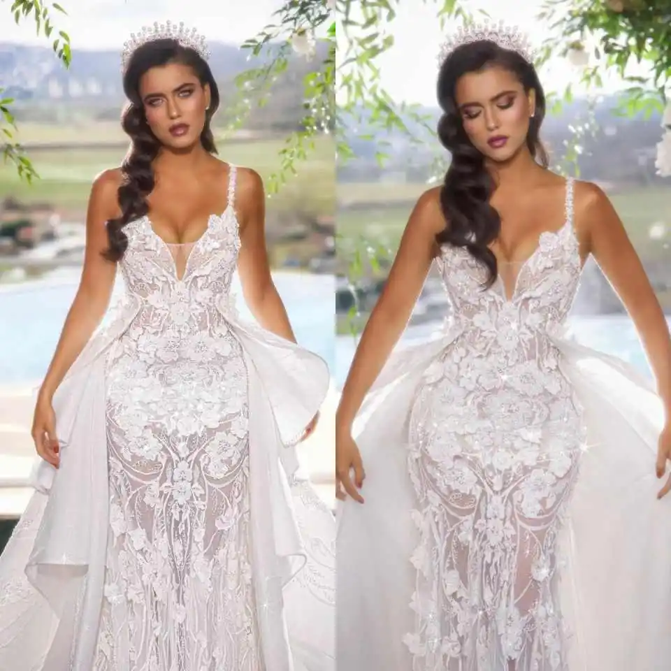 Elegant Wedding Dresses Appliques Lace Spaghetti Strap Sweep Floor Princess Bride Wedding Dress Customized Vestido De Novia