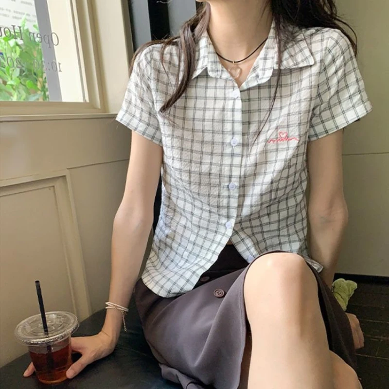 Deeptown Vintage Plaid Shirts Women Preppy Graphics Embroidery Short Sleeve Slim Cropped Blouses Korean Fashion Casual Basic