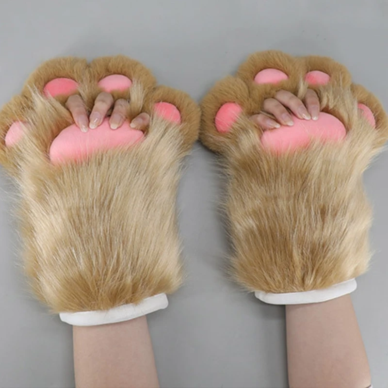 Cute Cat Paw Gloves Handmade Animal Furry Kitten Gloves Women Girls Faux Fur Plush Mittens for Role Playing Anime Cosplay Props