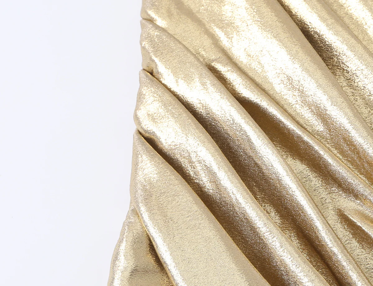 TFMLN 2026 Damen Glänzendes Gold Gerafftes Top Modisches Diagonal Plissiertes Ärmelloses Trägerloses Crop-Top Damen Abend-Partykleidung – Detail 6