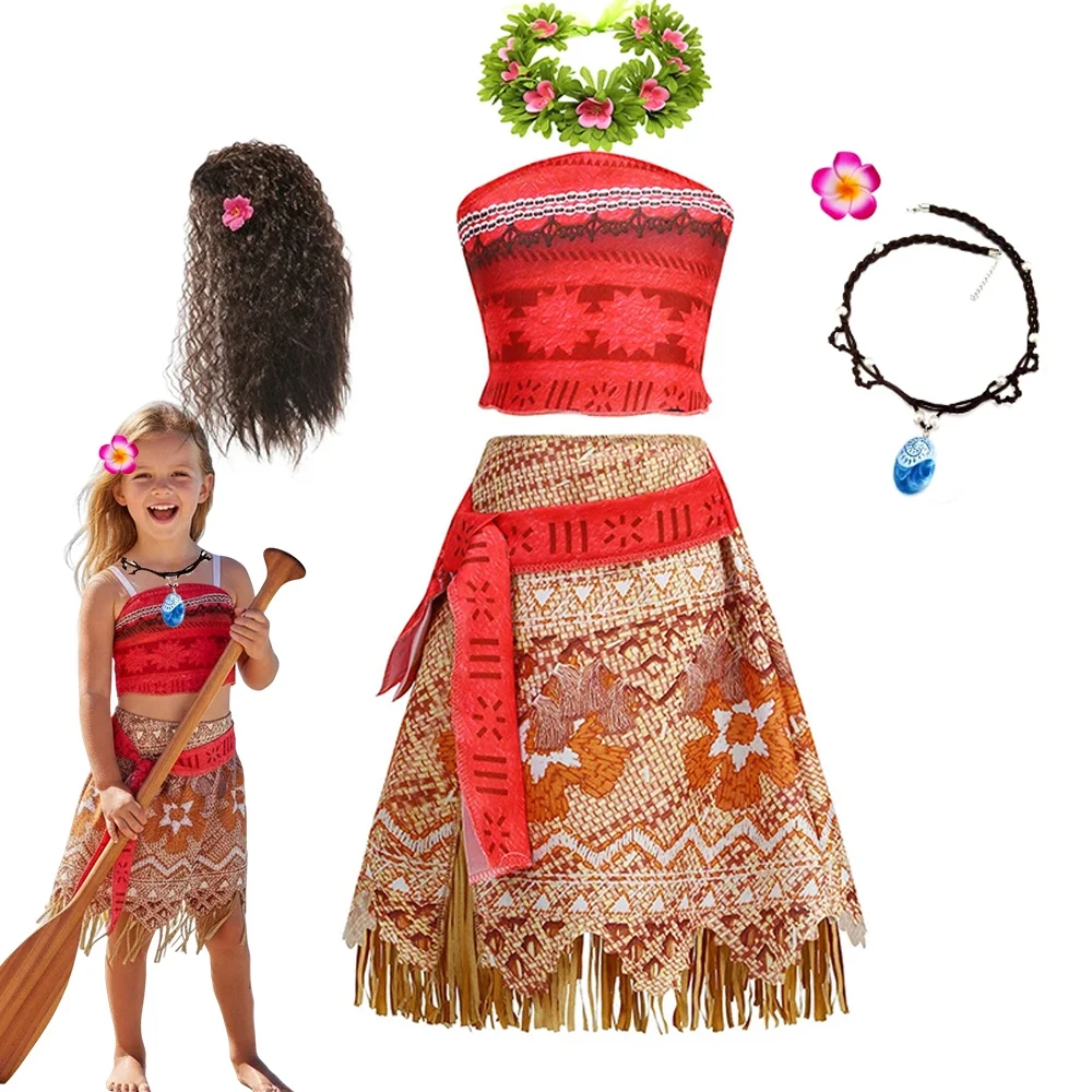 Moana Princess Halloween Costume Kids Two Piece Tropical Print Top Fringe Dress Wig Hair Clip Complete Dress Up Kit