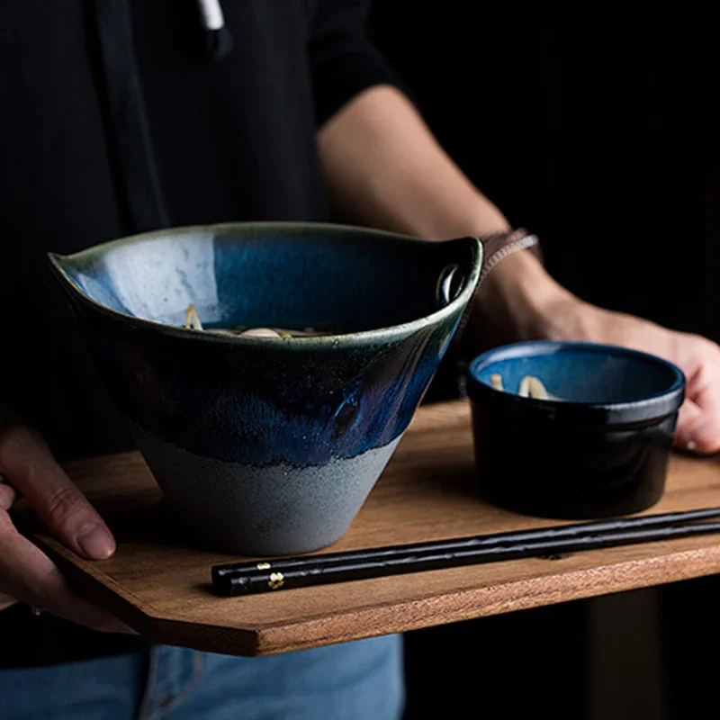

KINGLANG Deep Blue European Personality Bowl with Handle Ceramic Bowl Irregular Salad Large Bowl for Home