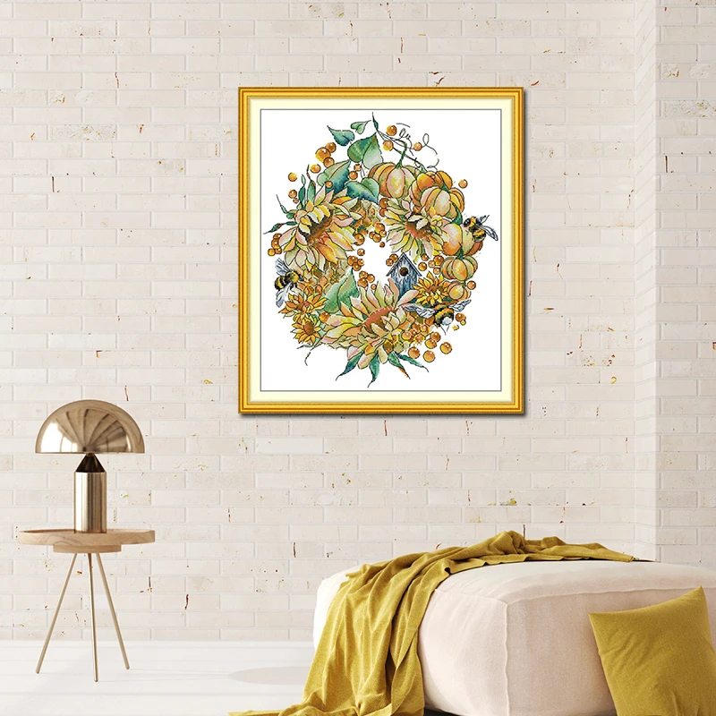 JoySunday Golden Harvest Wreath Pattern Print Cross Stitch Kit Aida Fabric 16CT 14CT DIY Folk Craft Needle Hand Embroidery Set