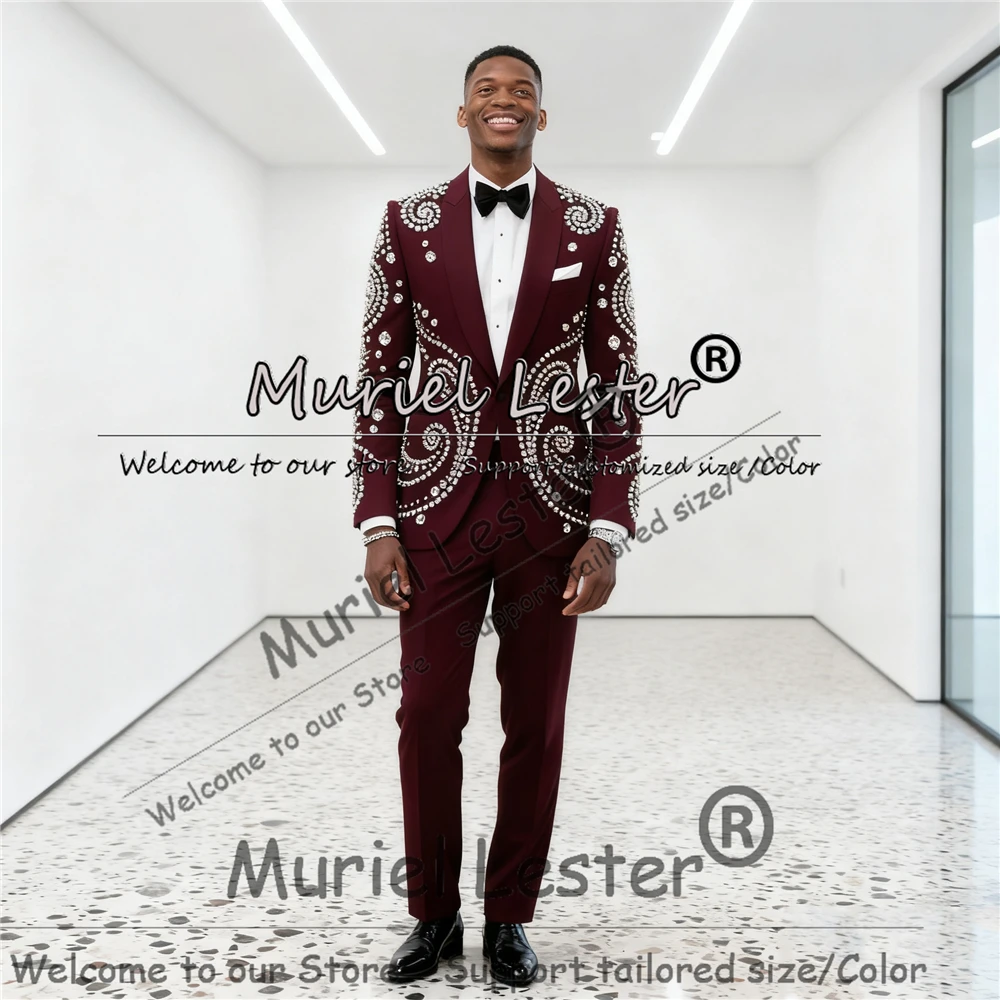 

Роскошный винно-красный костюм для мужчин, приталенный пиджак с камнями и бисером, индивидуальные комплекты из 2 предметов, свадебные смокинги для жениха, trajes para hombre