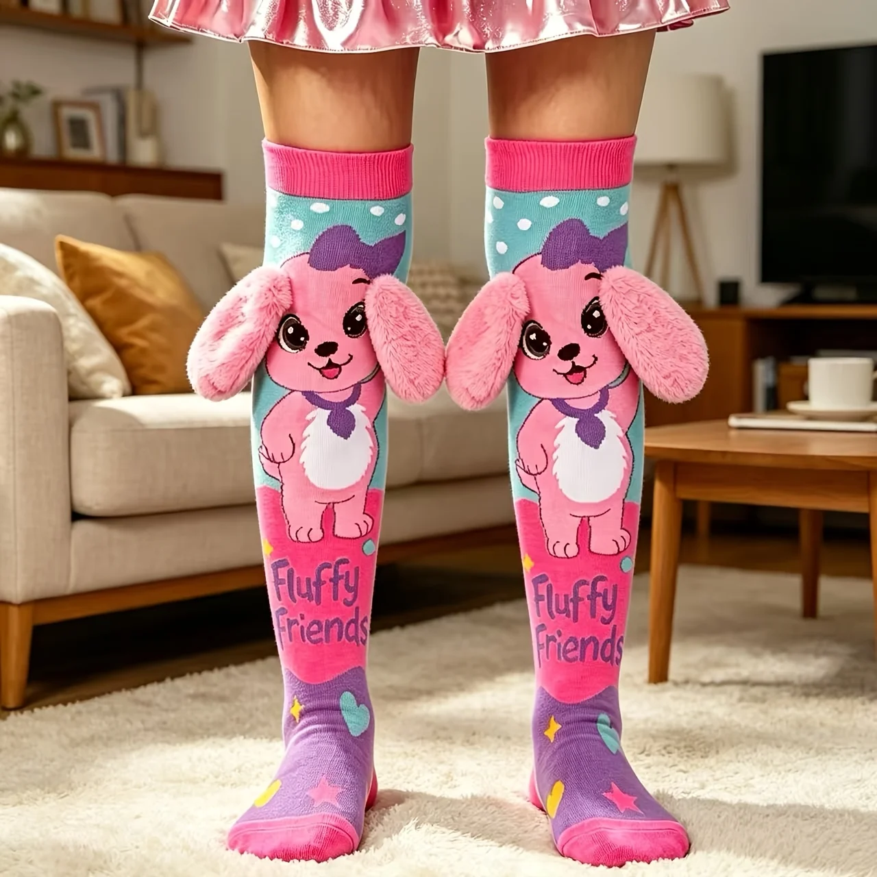 1 pair of children's 3D animal-shaped stockings plush dog prints cute girls' knee socks for daily parties.