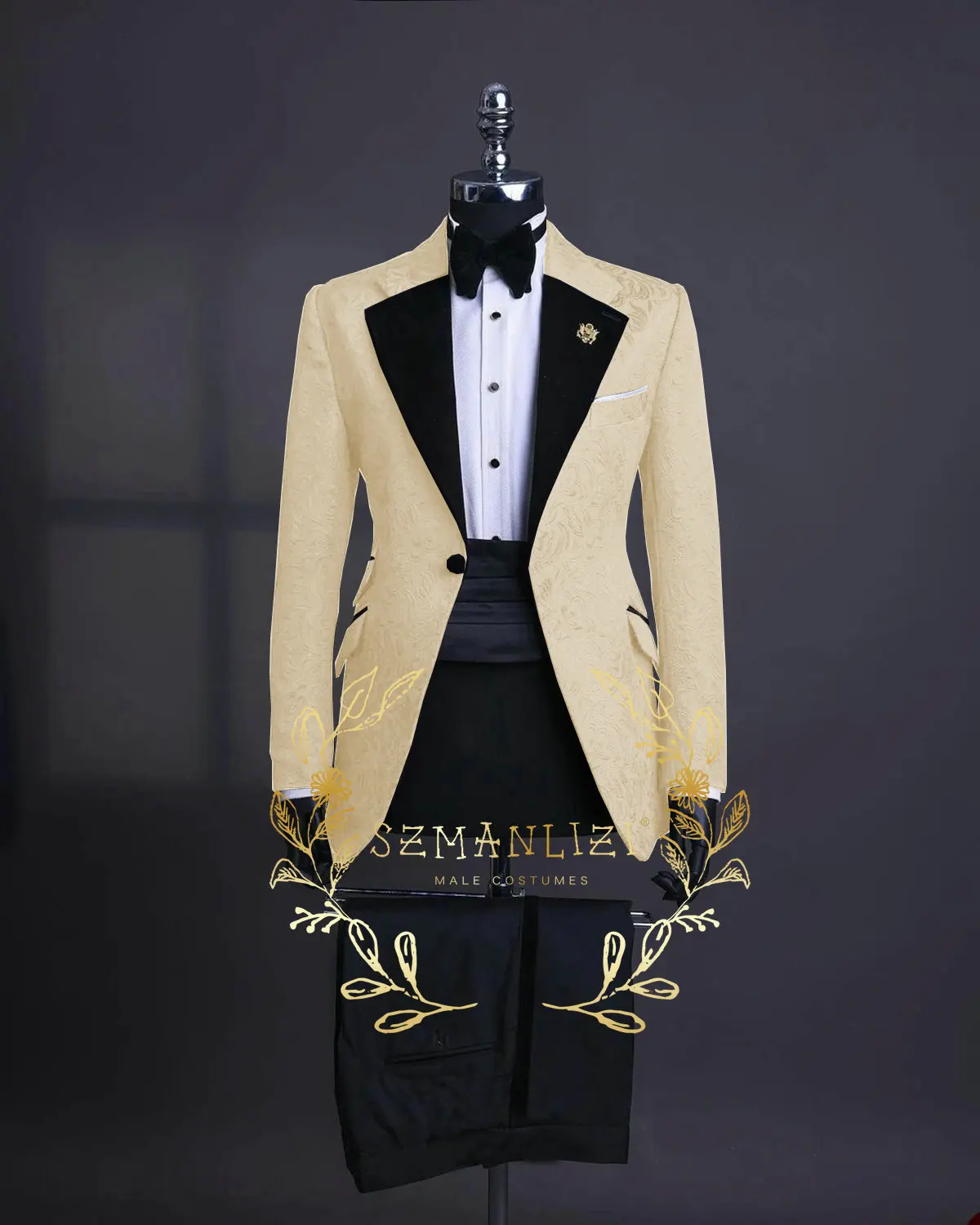 Formal Black Jacquard Men\'s Suits Tailored 2 Pieces Blazer Pants Peaked Velvet Lapel One Button Wedding Slim Custom Made