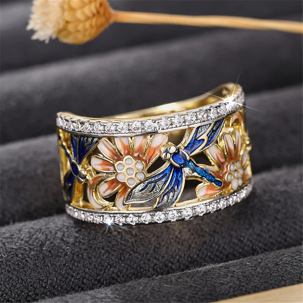 Vintage Flower Dragonfly Animal Rings For Women Gold Color Engagement Wedding Jewelry Bridal Valentine's Day Gifts
