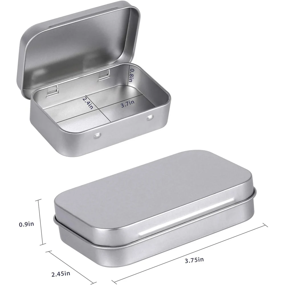 Metal Rectangular Empty Hinged Tins - Silver Mini Portable Box Small Storage Kit & Home Organizer with lids craft containers