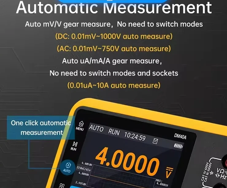 ALIENTEK DM40 handheld automotive tool integrates a 50Ms/s signal generator, digital oscilloscope, and multimeter