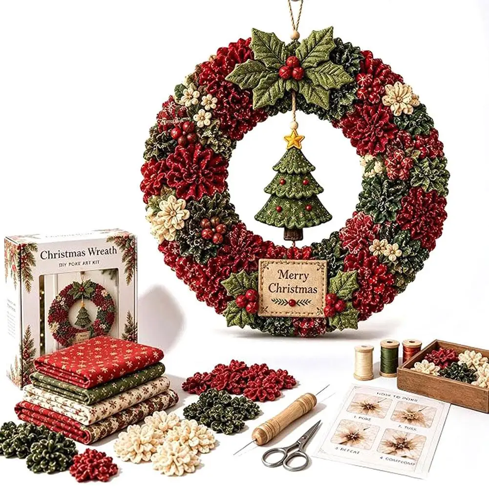 Complete DIY Christmas Wreath Craft Kit 3D Fabric Poke Art Hand‑Making Supplies for Front Door Xmas Festival Home Decoration