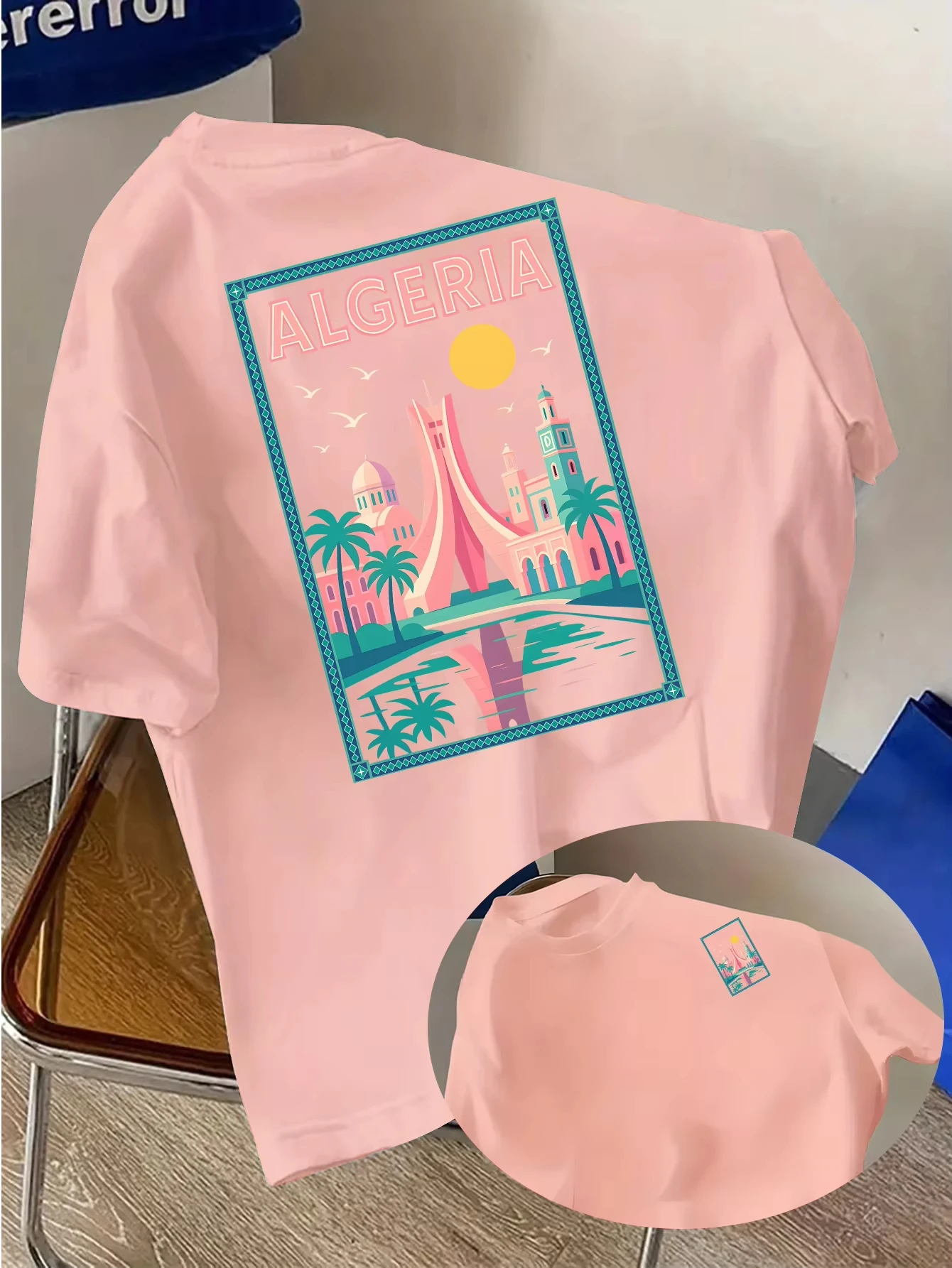 Vibrant Algeria Cityscape Tee with Retro Style Buildings and Palm Tree Print 100% Cotton Men's T-shirt Summer Casual Wear