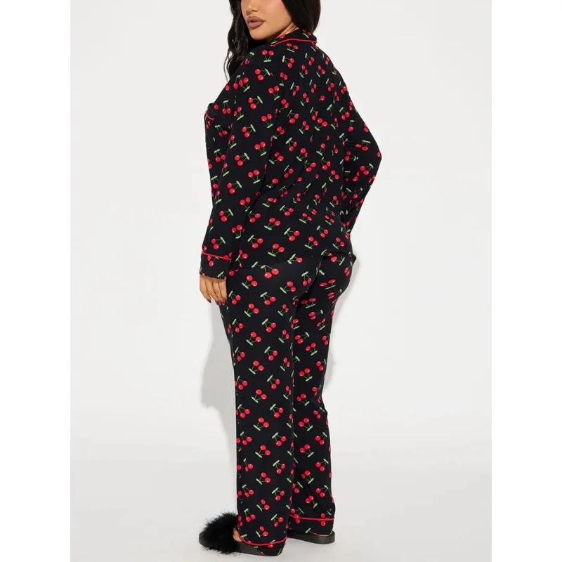 2-delige set dames pyjamaset met print, revers, lange mouwen, top en broek, casual loungewear, nachtkleding