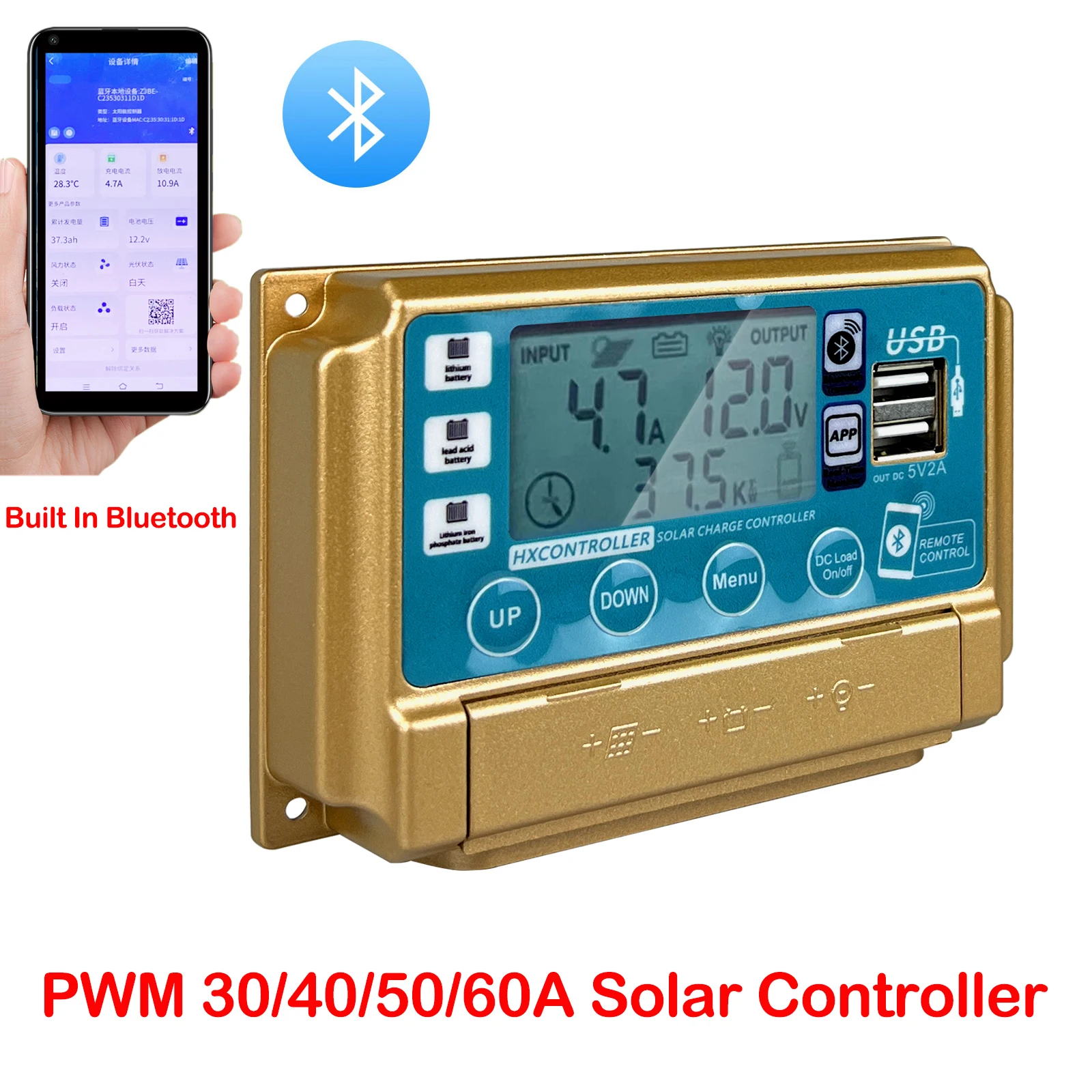 PWM Solar Charge Controller With Bluetooth Adjustable LCD Display Timer Setting 12V 24V 30A- 60A Multiple Protection Regulator