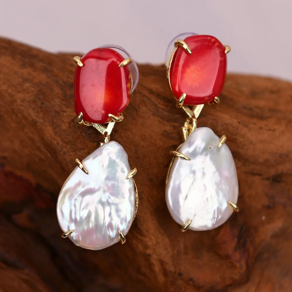 GG Cultured White Coin Keshi Pearl Gold Plated Red Coral Stud Dangle Earrings Party Jewelry Gifts