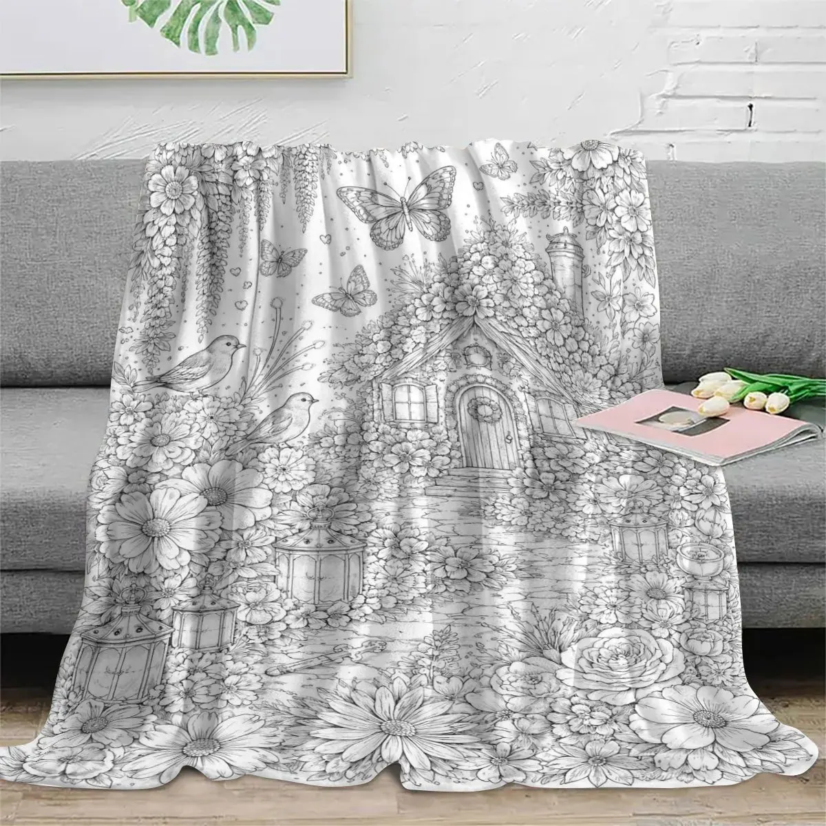 Whimsical Floral Garden Sketch Throw Blanket Cottagecore Boho Art Nature Print Cozy Bed Throw Couch Sofa Decor