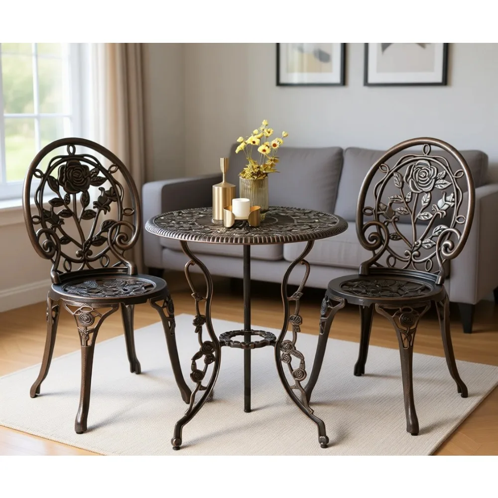 Outdoor Bistro Table and 2 Chairs, Garden Balcony Set with Rose Pattern Cast Aluminum, Rust and Weather Resistant