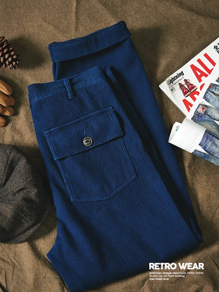 Retro Military Blue Dye Long Pants Heavyweight Indigo RL Men's Washed Work Trousers Straight Leg Cotton Casual Pants